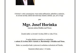 Starosta města Josef Horinka – úmrtní oznámení, pietní místo a kondolenční kniha
